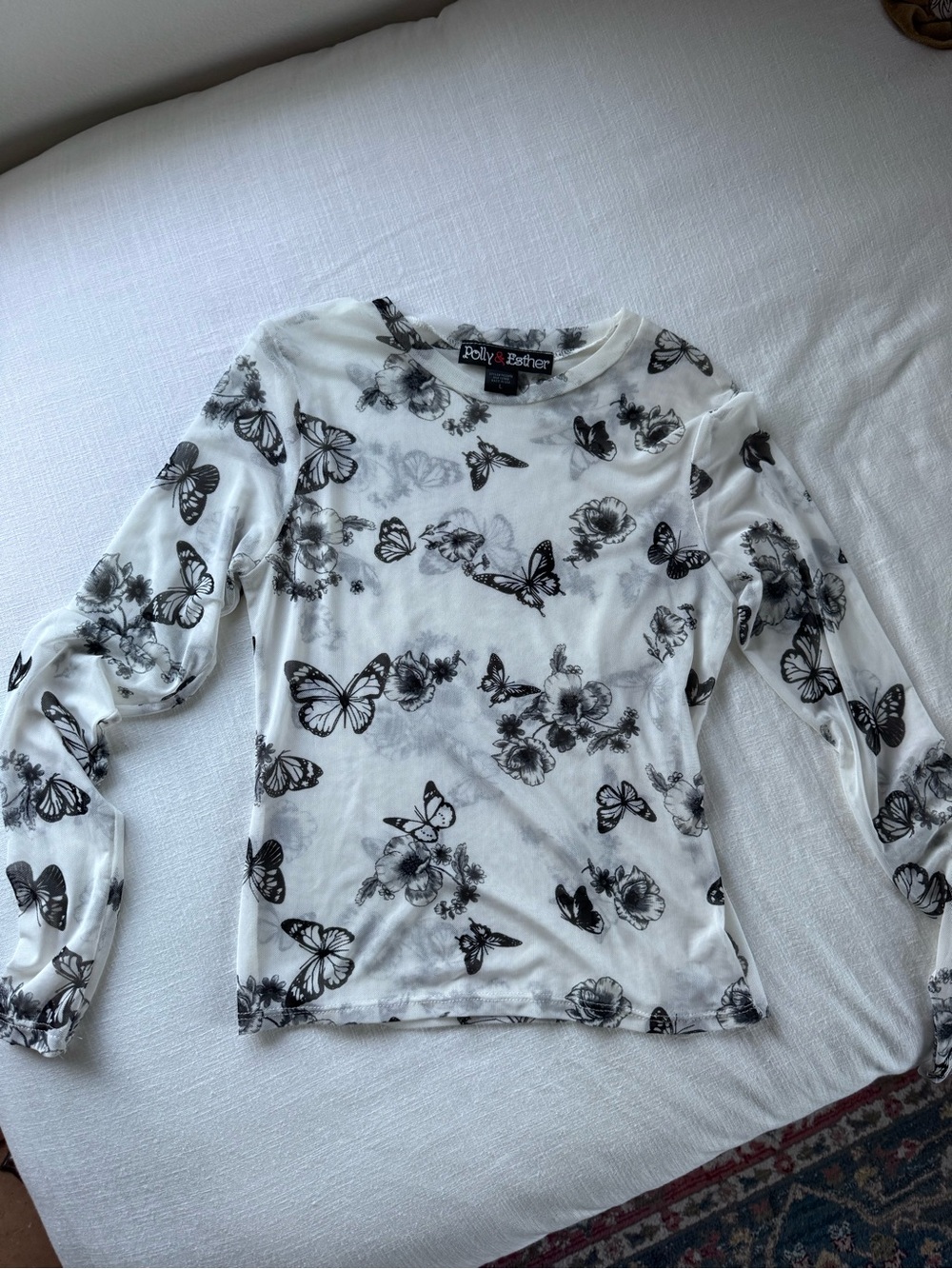 Polly & Esther White Long Sleeve Butterfly & Floral Print Top
